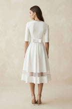 Robe de mariée blanche trapèze en satin à col V manches courtes - Harana