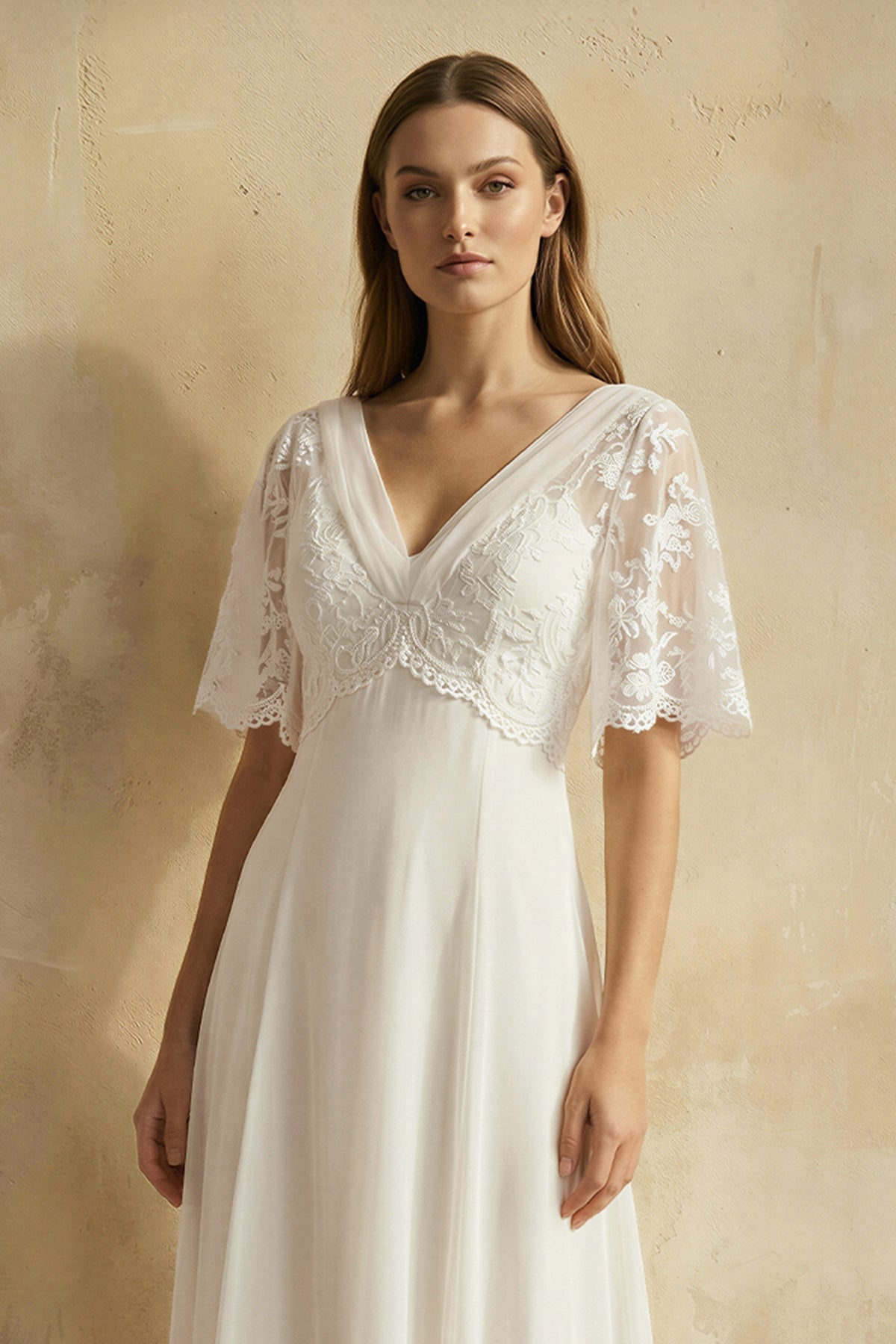 Robe de mariée ivoire en mousseline coupe trapèze à col V et manches courtes - Harana