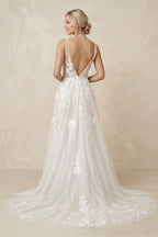 Robe de mariée blanche trapèze en tulle à col V sans manches - Harana