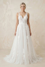 Robe de mariée blanche trapèze en tulle à col V sans manches - Harana