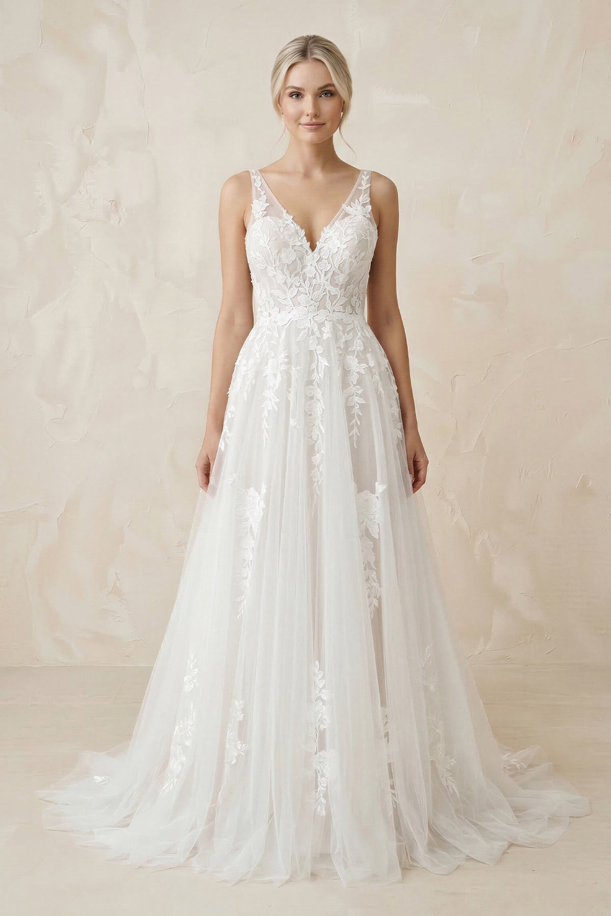 Robe de mariée blanche trapèze en tulle à col V sans manches - Harana