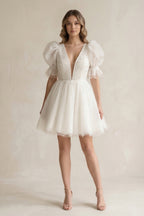 Robe de mariée ivoire trapèze en tulle à col V manches courtes - Harana