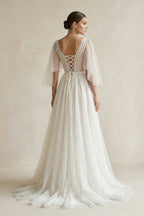 Robe de mariée blanche trapèze en dentelle à col V - Harana