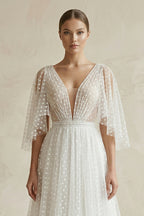 Robe de mariée blanche trapèze en dentelle à col V - Harana