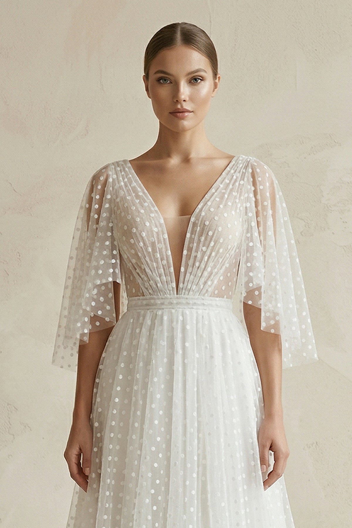 Robe de mariée blanche trapèze en dentelle à col V - Harana