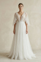 Robe de mariée blanche trapèze en dentelle à col V - Harana