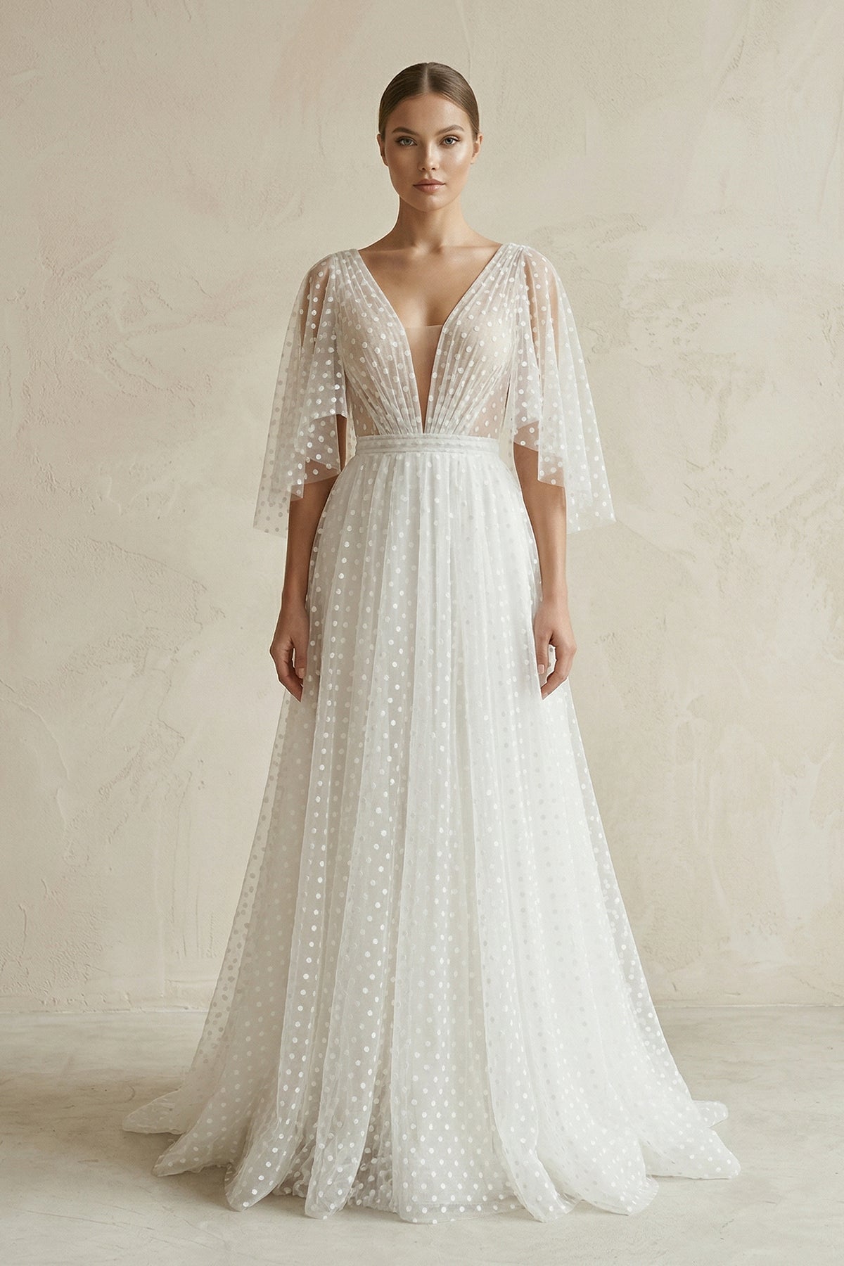 Robe de mariée blanche trapèze en dentelle à col V - Harana