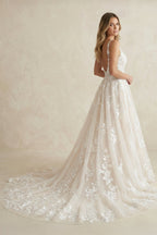 Robe de mariée blanche et nude trapèze en tulle à col V - Harana