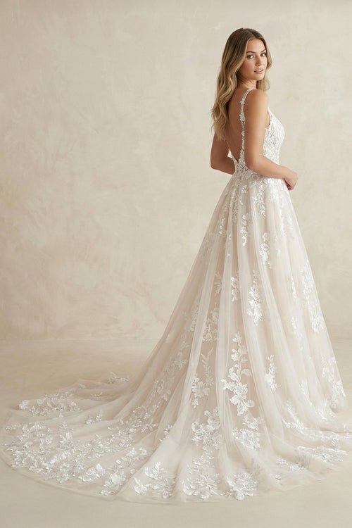Robe de mariée blanche et nude trapèze en tulle à col V - Harana