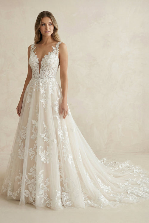 Robe de mariée blanche et nude trapèze en tulle à col V - Harana