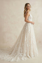 Robe de mariée blanche et nude trapèze en tulle à col V - Harana
