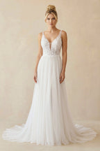 Robe de mariée blanche trapèze en tulle à col V sans manches - Harana