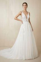 Robe de mariée blanche trapèze en tulle à col V sans manches - Harana