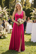 Robe demoiselle d’honneur fuchsia longue col V sans manches froncée - Harana