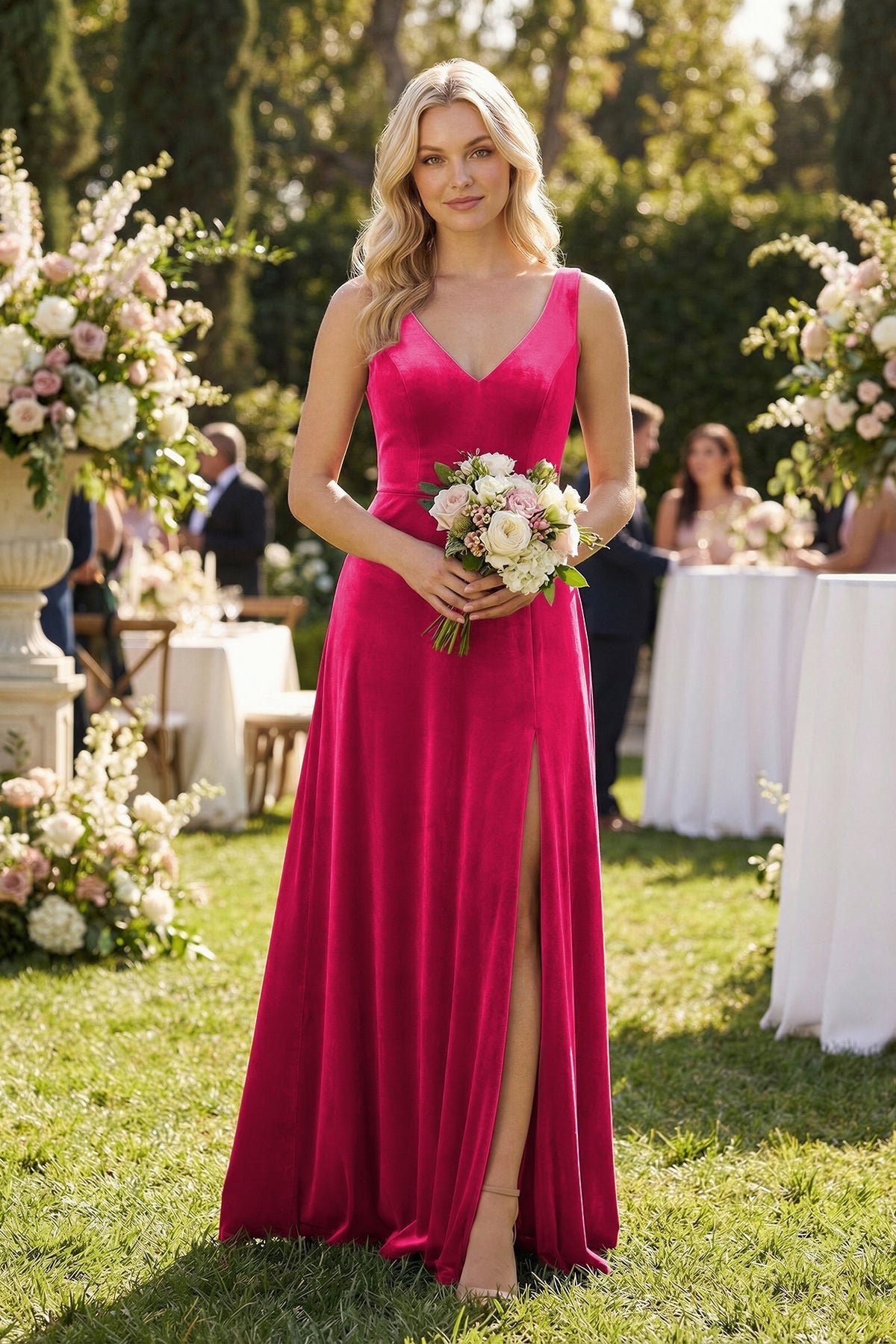 Robe demoiselle d’honneur fuchsia longue col V sans manches froncée - Harana