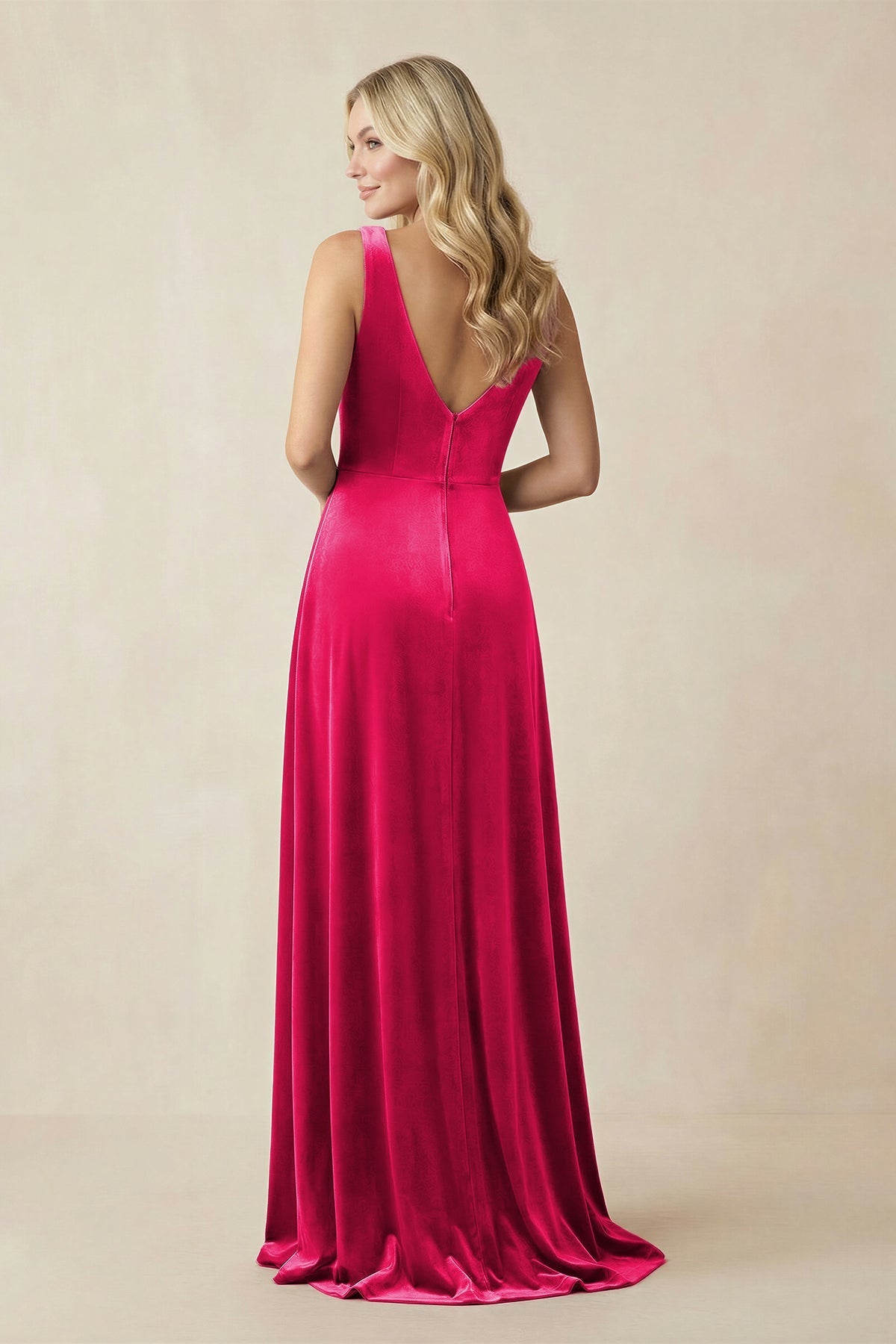 Robe demoiselle d’honneur fuchsia longue col V sans manches froncée - Harana