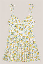 Robe jaune courte en coton coupe trapèze à col V et imprimé floral rétro - Harana