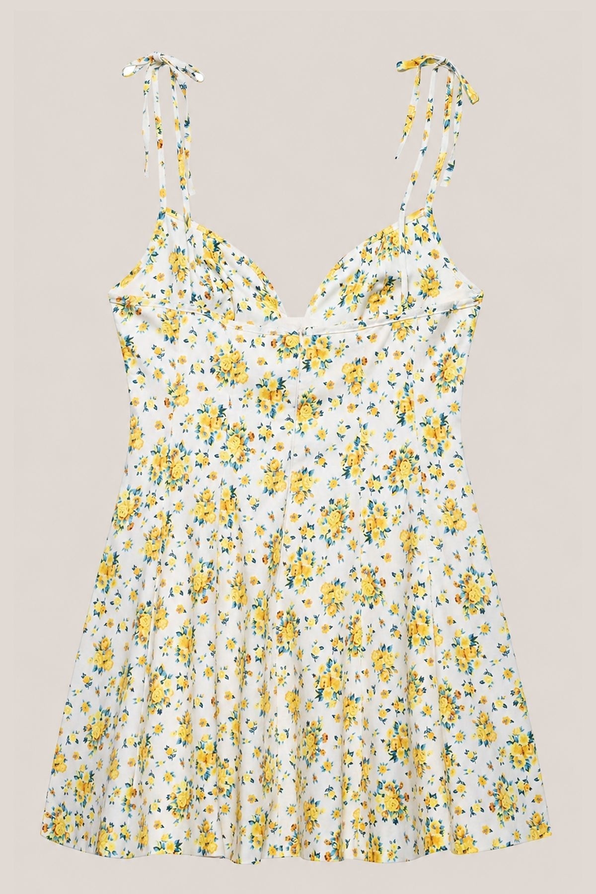 Robe jaune courte en coton coupe trapèze à col V et imprimé floral rétro - Harana