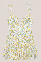 Robe jaune courte en coton coupe trapèze à col V et imprimé floral rétro - Harana