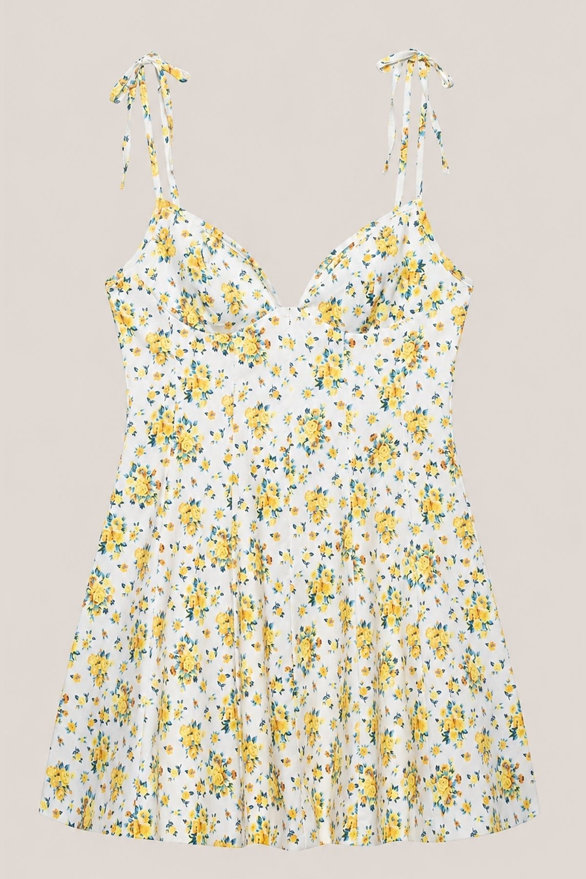 Robe jaune courte en coton coupe trapèze à col V et imprimé floral rétro - Harana