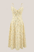 Robe jaune midi en coton coupe trapèze à col V imprimée - Harana