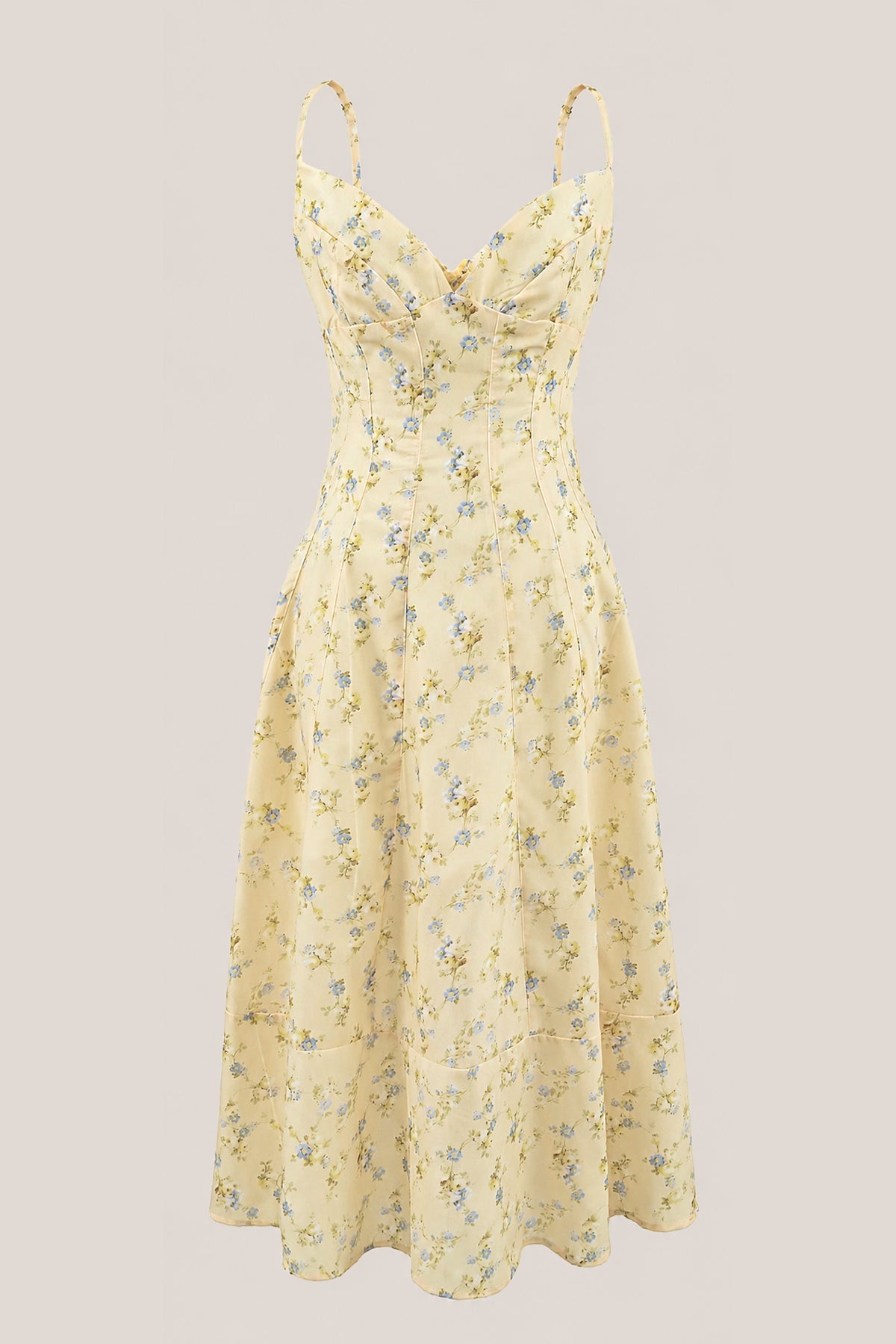 Robe jaune midi en coton coupe trapèze à col V imprimée - Harana