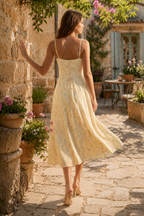 Robe jaune midi en coton coupe trapèze à col V imprimée - Harana