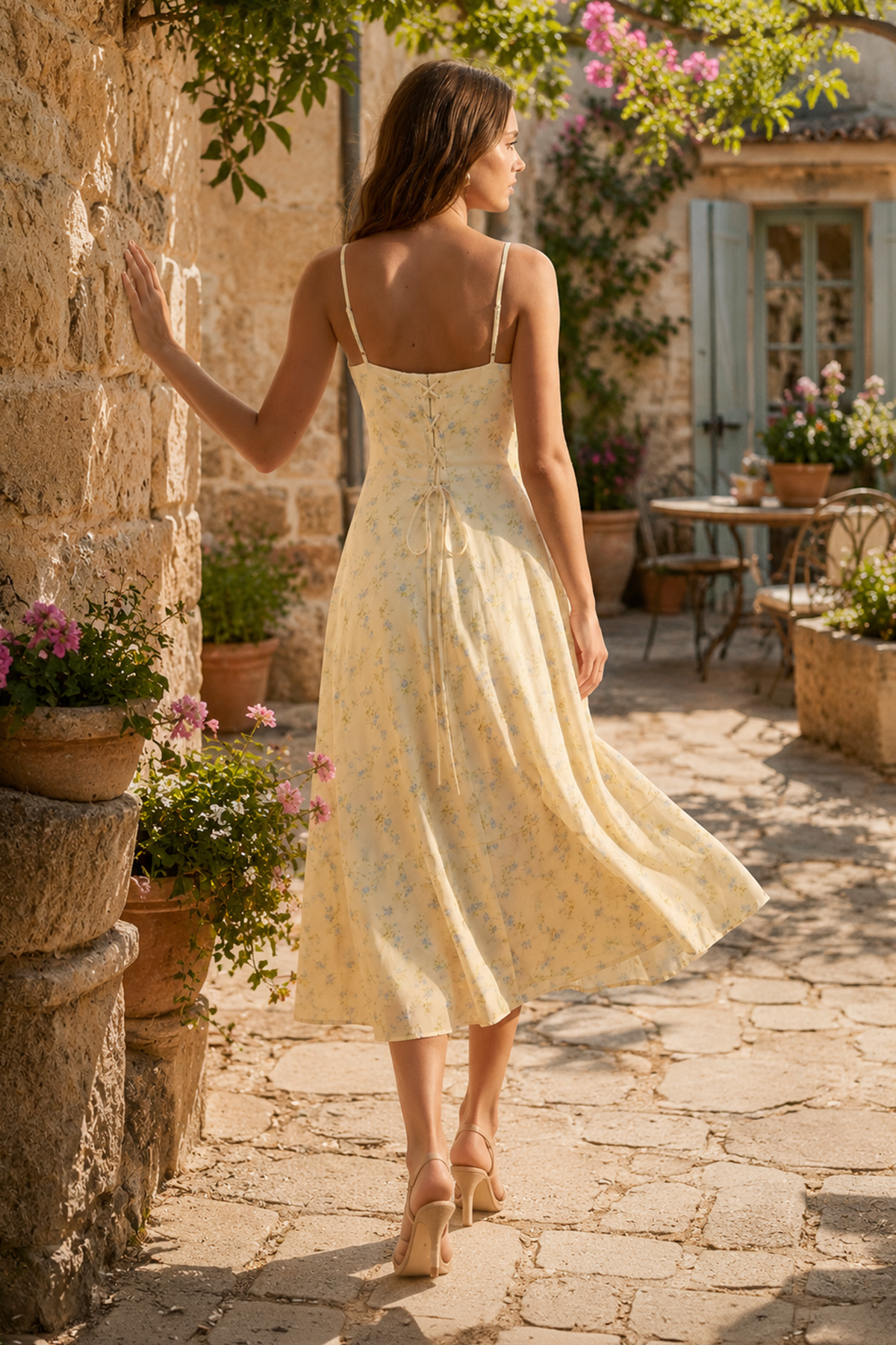 Robe jaune midi en coton coupe trapèze à col V imprimée - Harana
