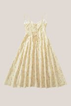 Robe jaune midi en coton coupe trapèze à col V imprimée - Harana