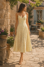 Robe jaune midi en coton coupe trapèze à col V imprimée - Harana