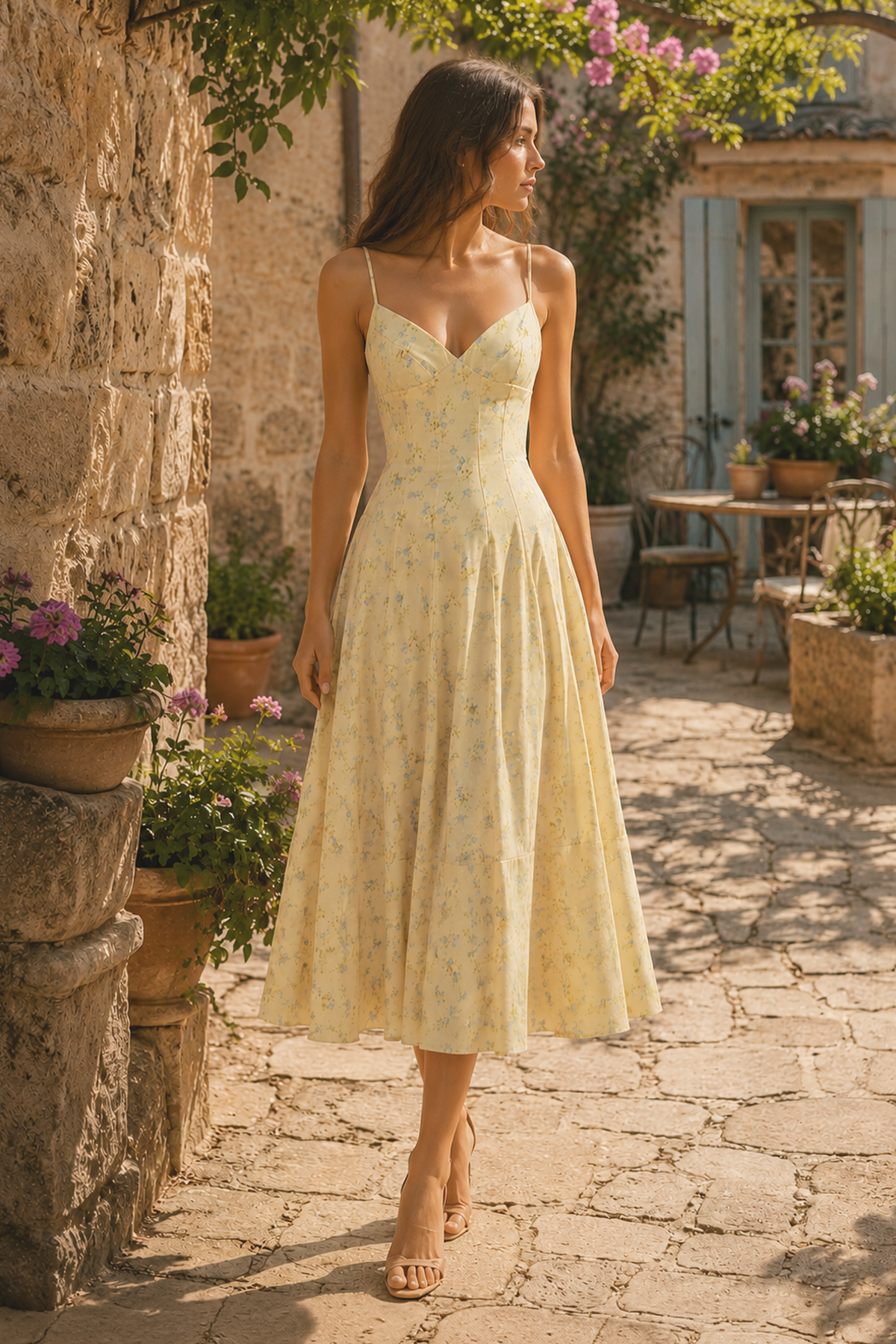 Robe jaune midi en coton coupe trapèze à col V imprimée - Harana