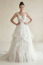 Robe de mariée blanche trapèze en organza à col V à fines - Harana