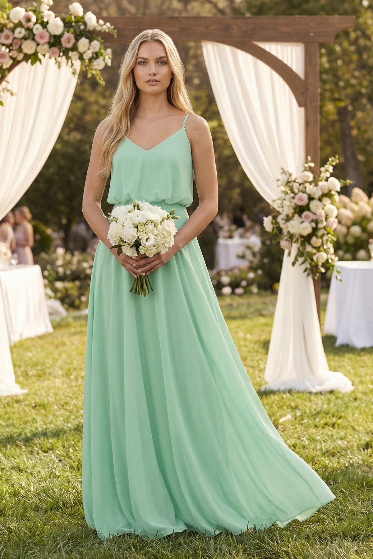 Robe demoiselle d’honneur pale pistachio longue col V sans manches effet drapé - Harana