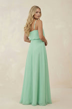 Robe demoiselle d’honneur pale pistachio longue col V sans manches effet drapé - Harana