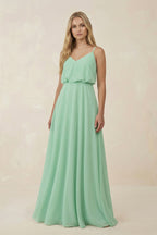 Robe demoiselle d’honneur pale pistachio longue col V sans manches effet drapé - Harana
