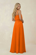 Robe longue orange en mousseline coupe trapèze décolleté V - Harana