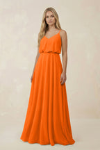 Robe longue orange en mousseline coupe trapèze décolleté V - Harana