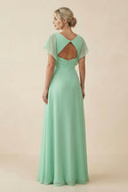 Robe demoiselle d’honneur pale pistachio longue col V effet drapé à volants - Harana