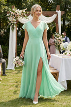 Robe demoiselle d’honneur pale pistachio longue col V effet drapé à volants - Harana