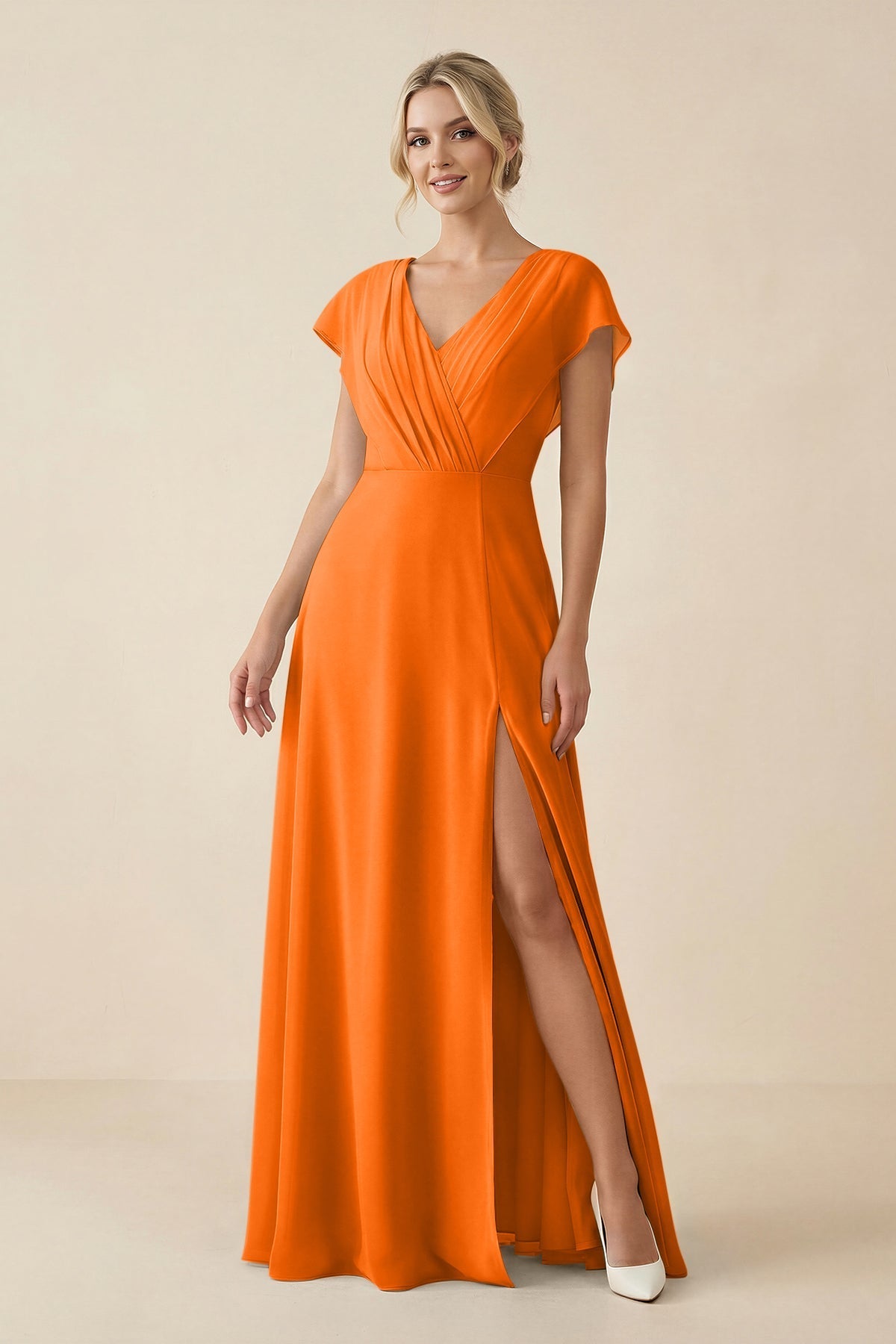 Robe longue orange en mousseline décolleté V - Harana