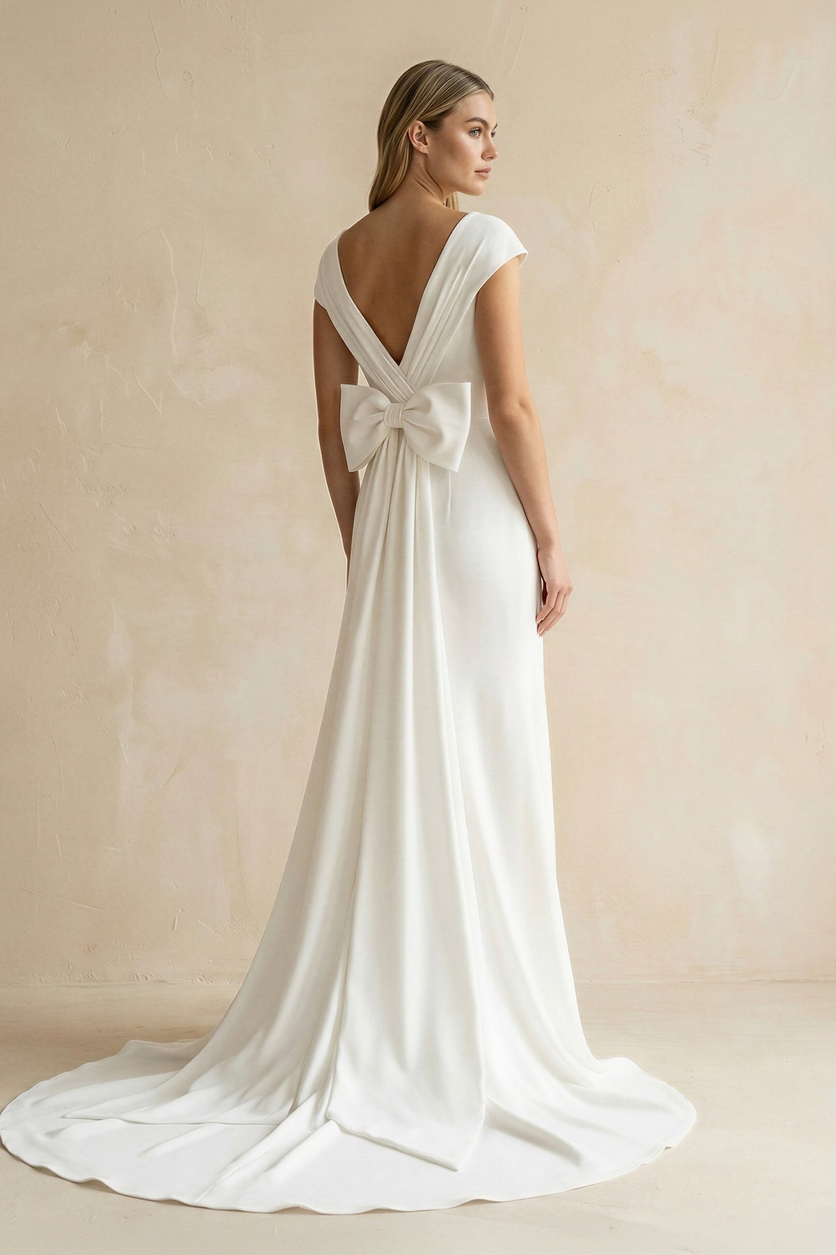 Robe de mariée blanche satinée coupe sirène à col V et manches courtes effet drapé - Harana