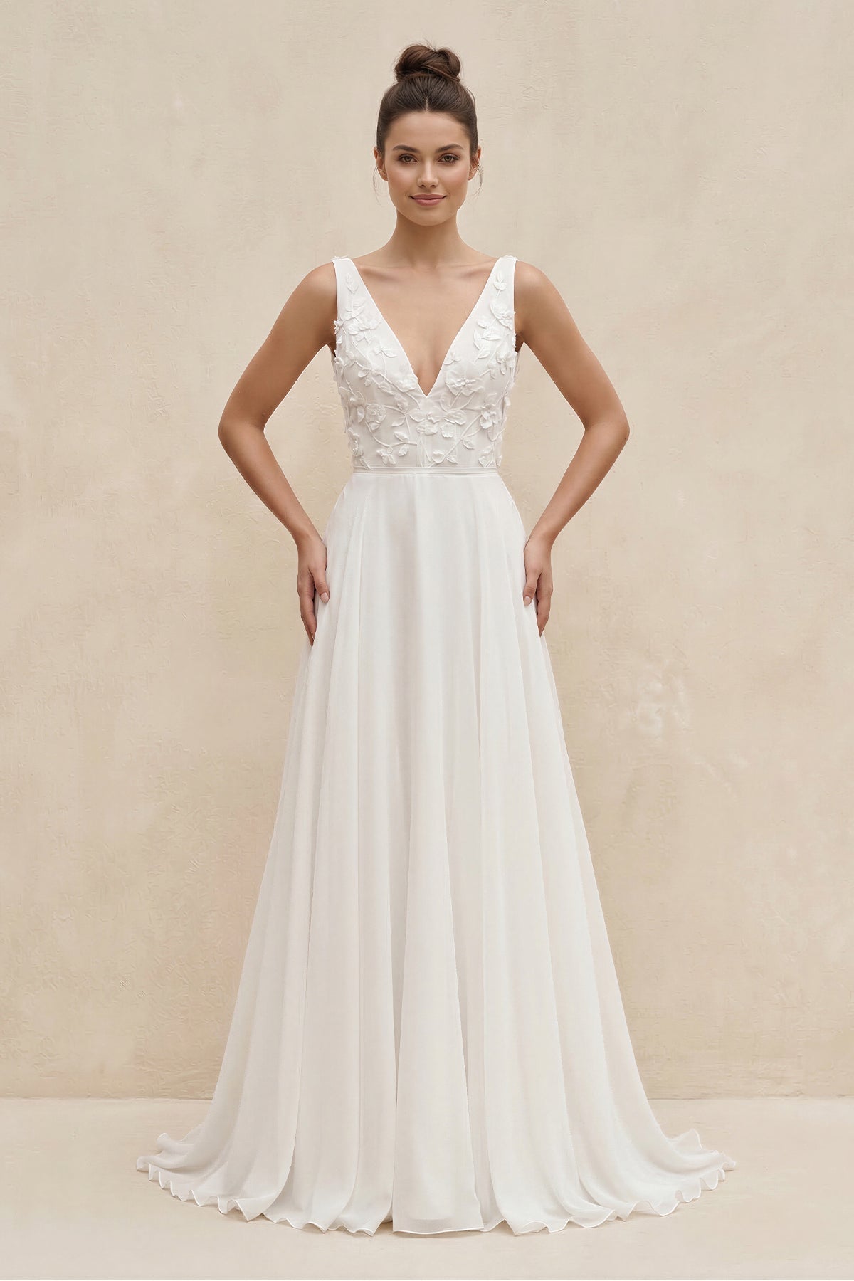 Robe de mariée blanche trapèze en mousseline à col V sans manches - Harana