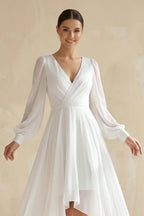 Robe de mariée blanche trapèze en mousseline à col V manches longues - Harana