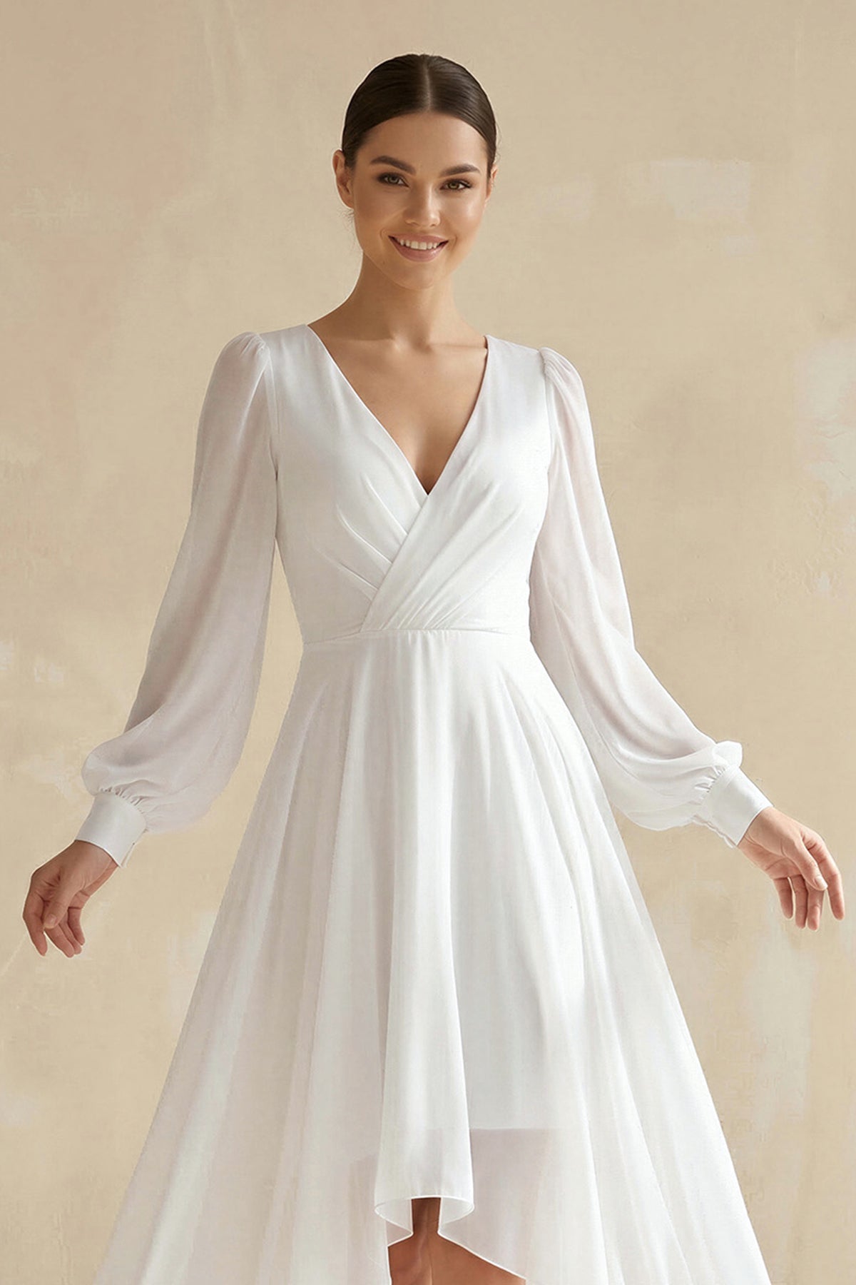 Robe de mariée blanche trapèze en mousseline à col V manches longues - Harana