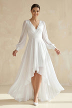 Robe de mariée blanche trapèze en mousseline à col V manches longues - Harana