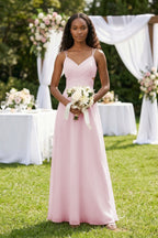 Robe demoiselle d’honneur candy pink longue col V sans manches effet drapé - Harana