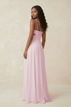 Robe demoiselle d’honneur candy pink longue col V sans manches effet drapé - Harana