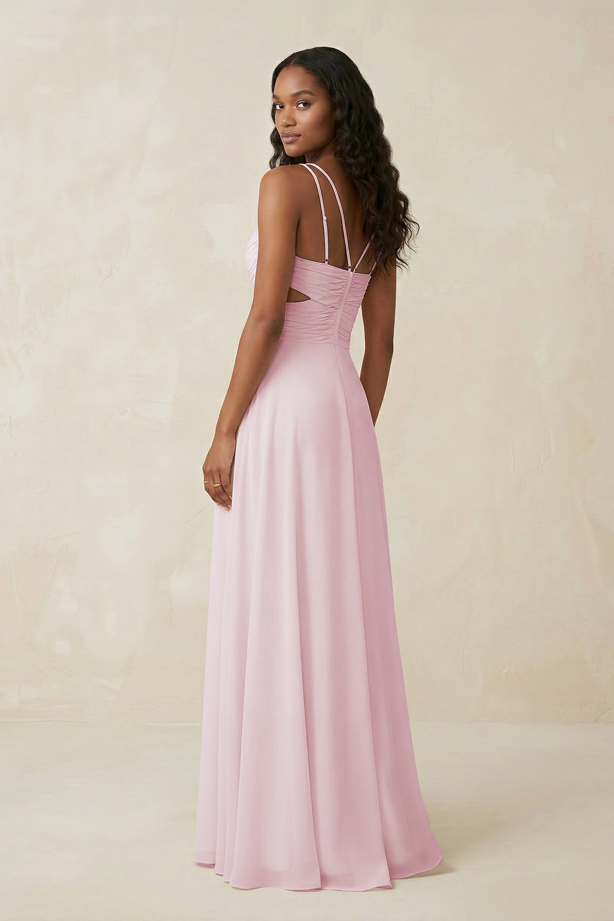 Robe demoiselle d’honneur candy pink longue col V sans manches effet drapé - Harana