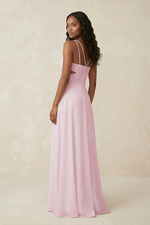 Robe de demoiselle d’honneur rose bonbon longue en mousseline coupe trapèze à col V avec découpes - Harana