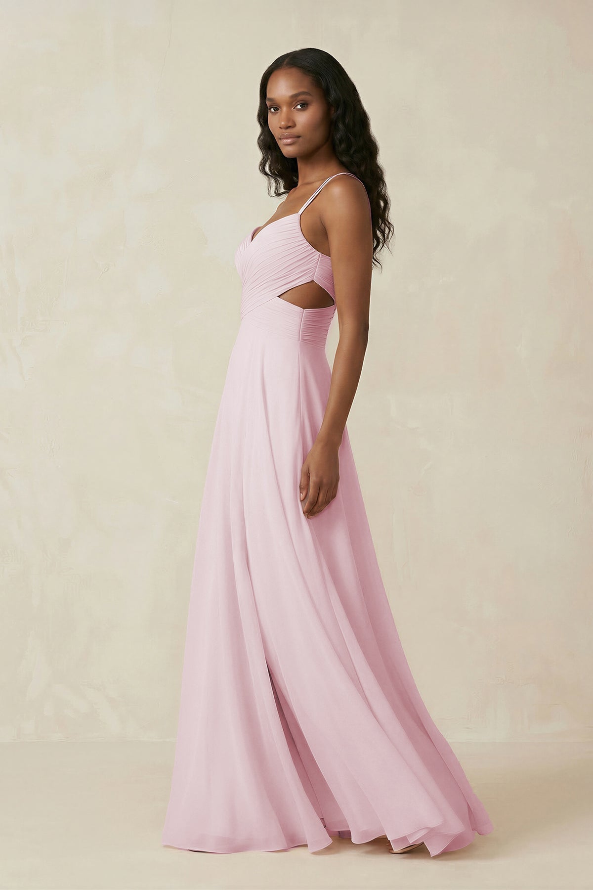 Robe demoiselle d’honneur candy pink longue col V sans manches effet drapé - Harana